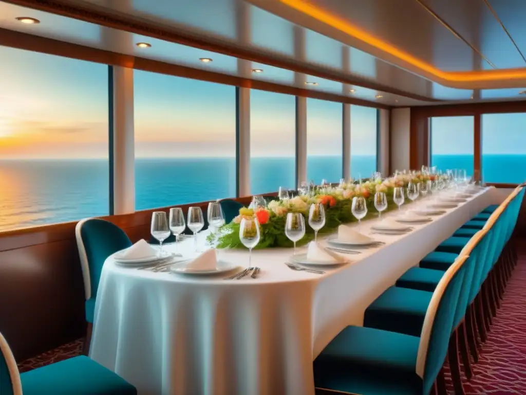 Cenas temáticas en cruceros de lujo: lujoso comedor con elegante decoración, vista al mar al atardecer y ambiente sofisticado