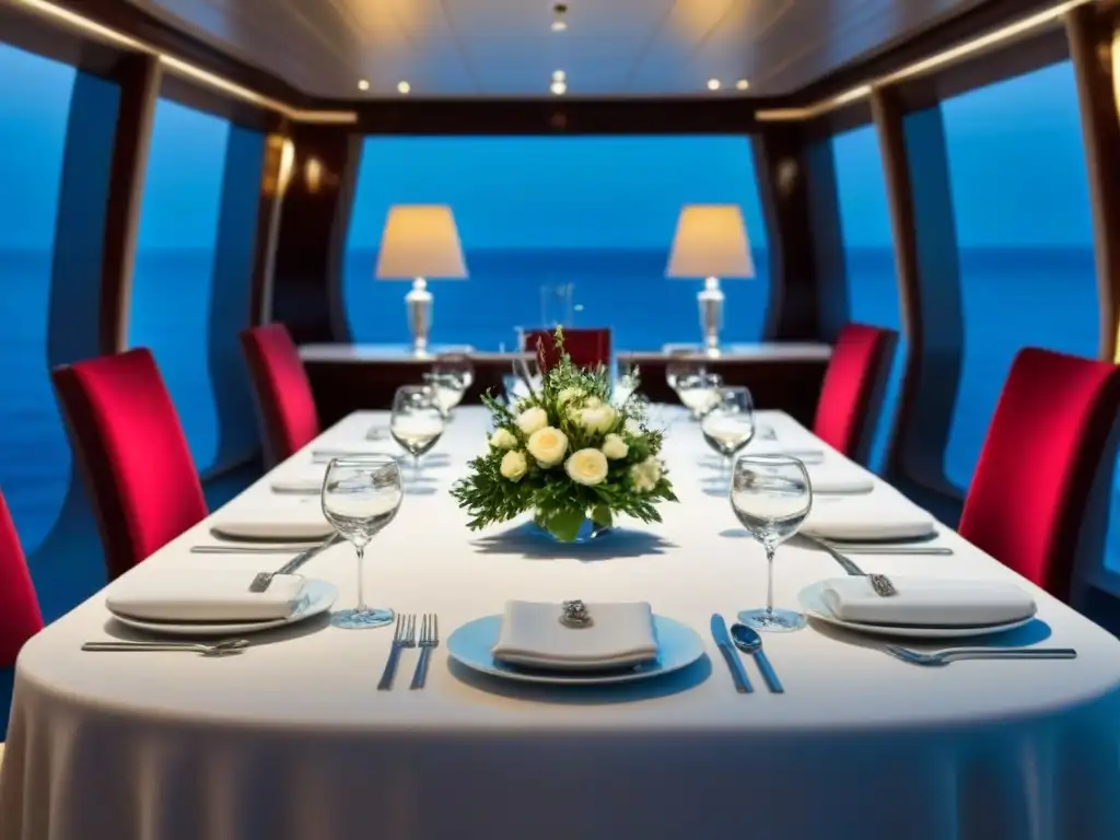 Cenas temáticas en cruceros: Mesa elegante con vajilla fina y cristalería, decorada con arreglos florales, iluminación cálida y comensales elegantes al fondo