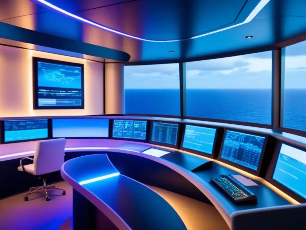 Centro de control de ciberseguridad en crucero de lujo con vista al mar y tecnología hightech en tonos azules