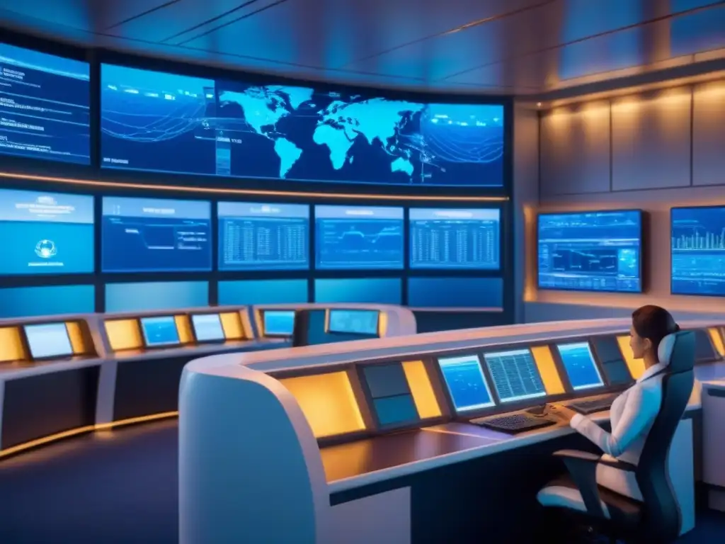 Centro de control de ciberseguridad futurista en crucero, monitoreo de datos en red