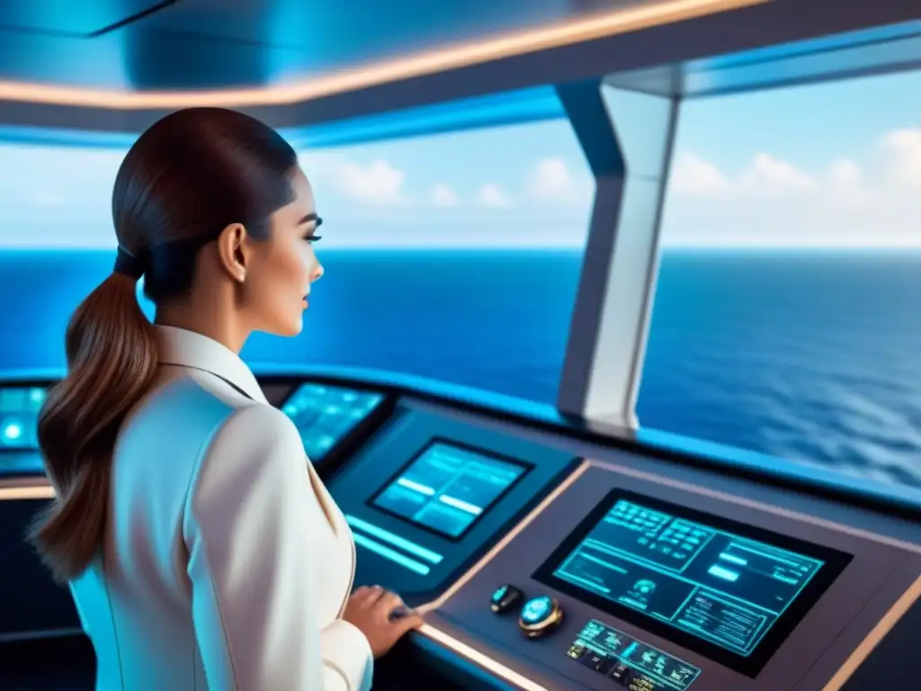 Un centro de control futurista en un crucero digital, con tecnología avanzada y vistas al mar