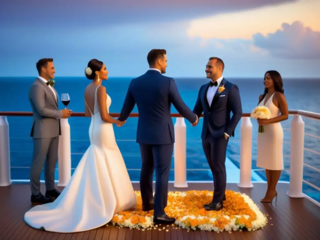 Una ceremonia al atardecer en un crucero de lujo, con un elegante altar blanco iluminado por velas y pétalos de rosa