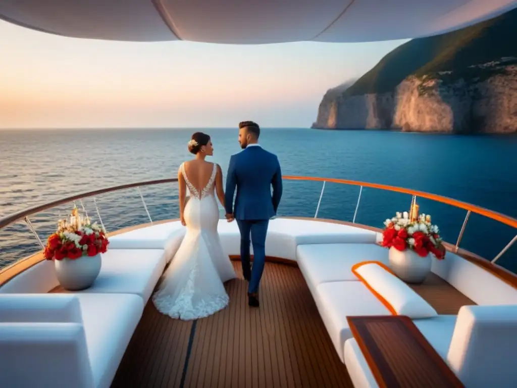 Una ceremonia de boda minimalista en un yate moderno al atardecer