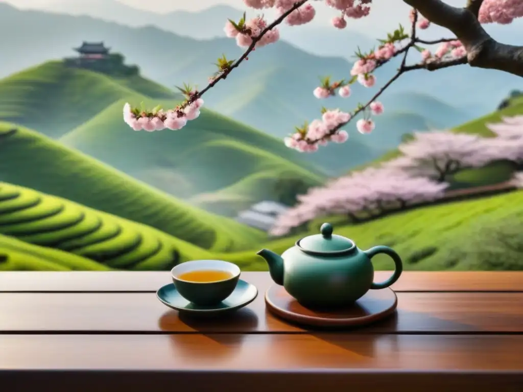 Ceremonia de té china tradicional en un entorno tranquilo, con teteras, tazas y hojas de té verde, sobre mesa de madera