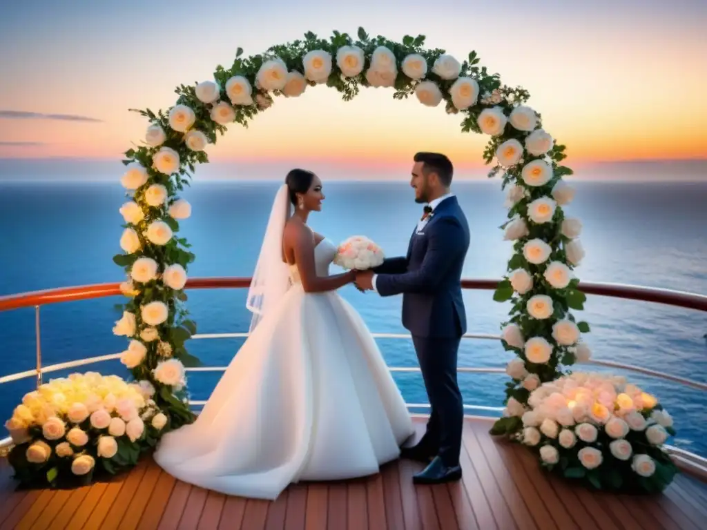 Una ceremonia romántica al atardecer en un crucero de lujo, con el mar reflejando tonos rosados y naranjas, una íntima reunión de invitados elegantemente vestidos, y la pareja intercambiando votos bajo un arco floral decorado con rosas blancas y luces de hadas