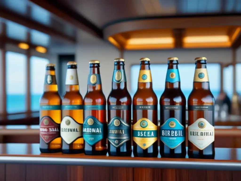 Exclusiva selección de cervezas artesanales en crucero de lujo Disfruta de cervezas artesanales en cruceros: una elegante selección de botellas en un lujoso mostrador de madera