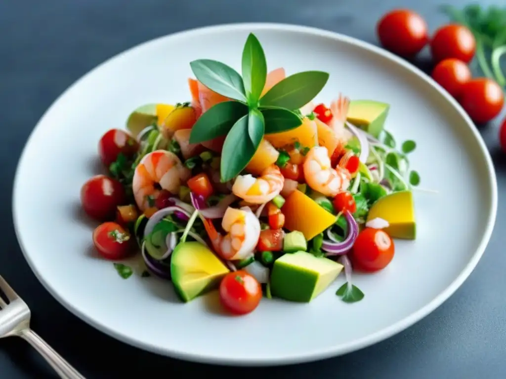 Un ceviche vibrante con ingredientes frescos platos cruceros, colores y texturas en detalle