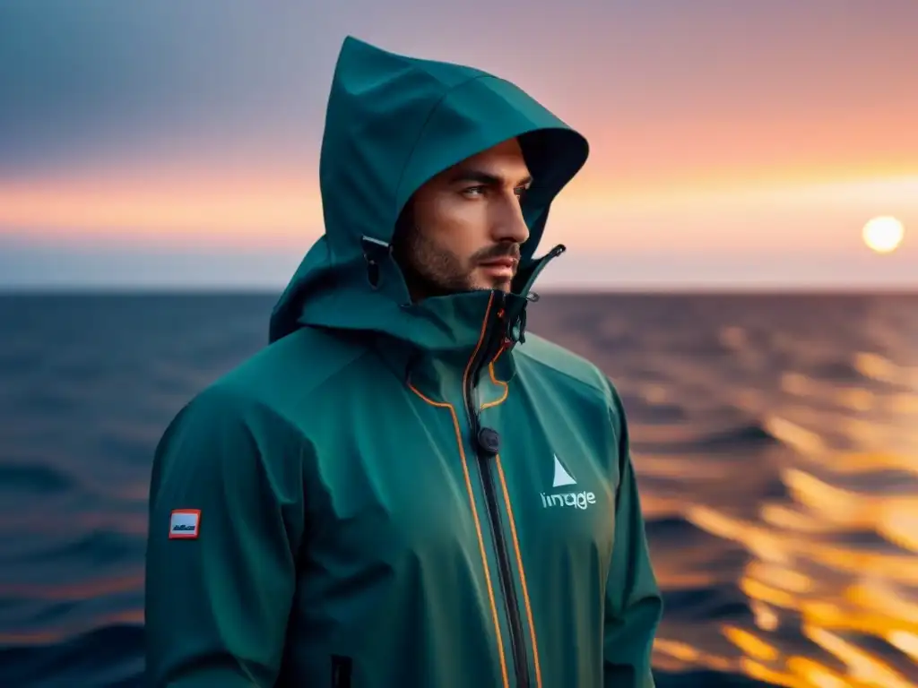 Una chaqueta impermeable de alta tecnología en un entorno marítimo al atardecer, ideal para aventuras en el mar