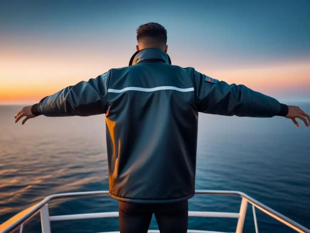 Chaqueta negra impermeable para aventuras marítimas colgando junto al mar al atardecer