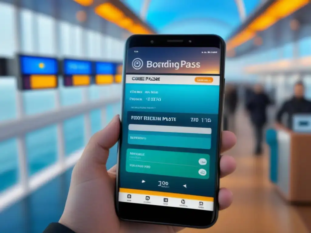 Check-in digital para cruceros: sofisticación y comodidad Checkin online para cruceros: Smartphone moderno muestra pase de abordar en terminal de cruceros
