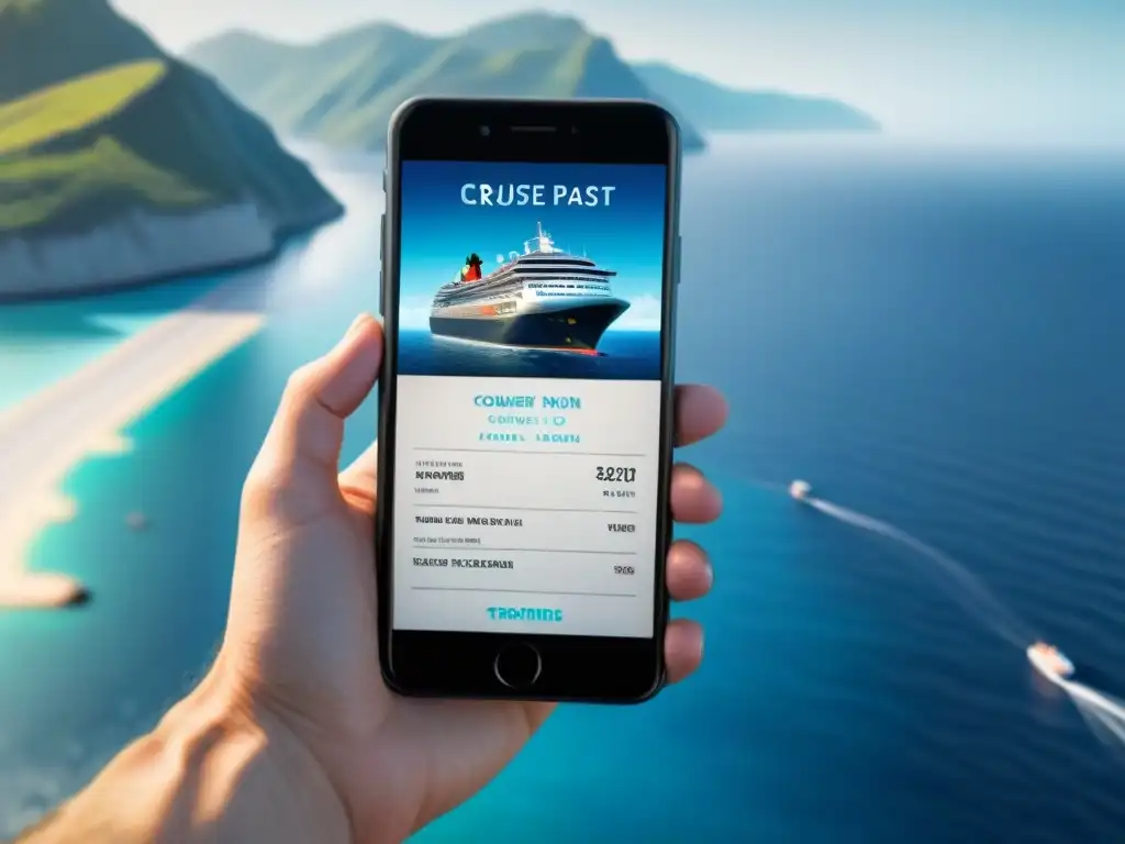 Smartphone exhibe pase de abordar en crucero Check-in online para cruceros: Un smartphone moderno muestra pase de abordar en pantalla, con fondo de océano sereno y cielo azul claro
