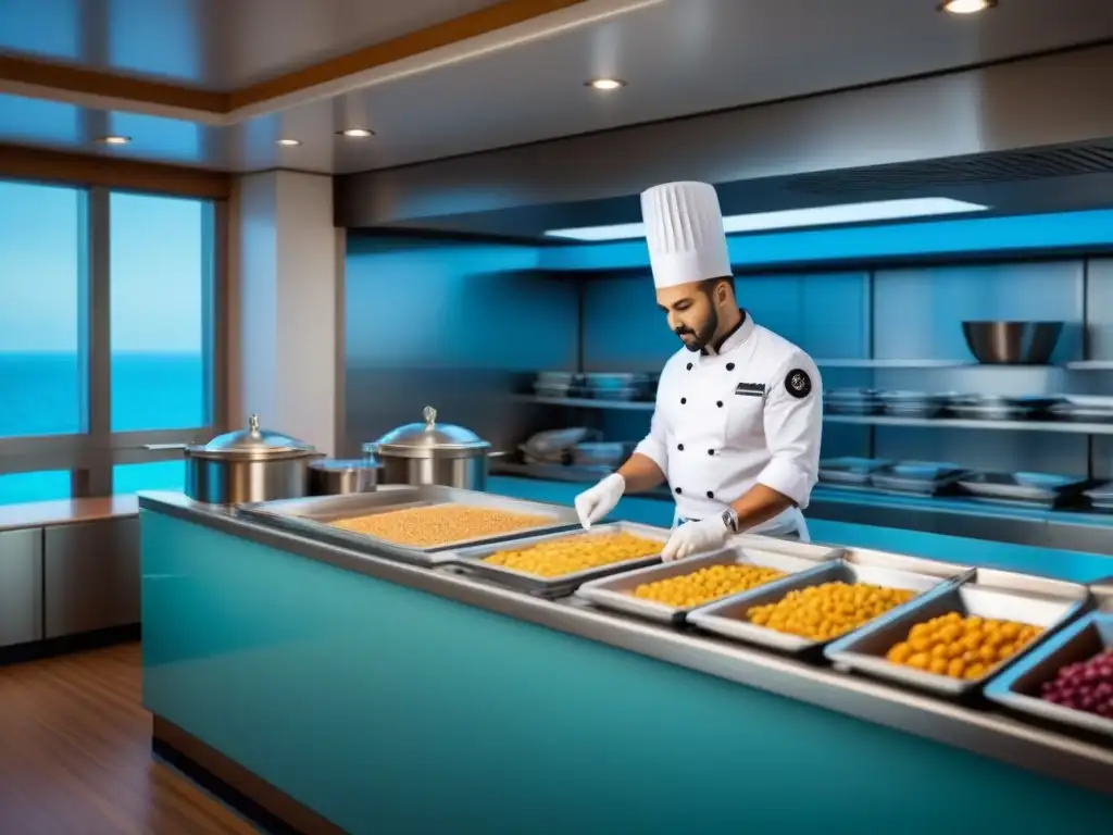 Un chef prepara comida en un comedor de crucero impecable, destacando medidas seguridad alimentaria cruceros