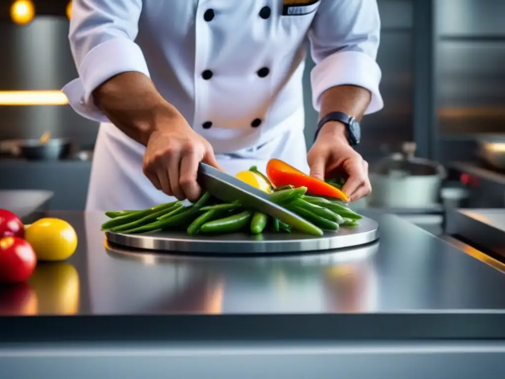 El chef corta vegetales coloridos en un crucero, con luz solar iluminando la escena