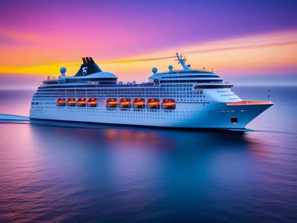 Chef crucero festivales gastronómicos: Un crucero de lujo navegando al atardecer en un mar sereno y colorido