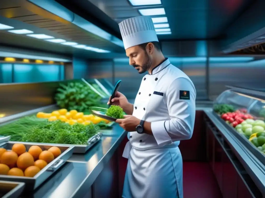 Chef de crucero inspecciona frutas y verduras con detalle