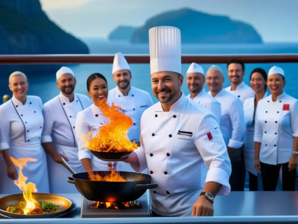 Chef en crucero turístico cautiva con su show cooking en medio del mar, público admirado