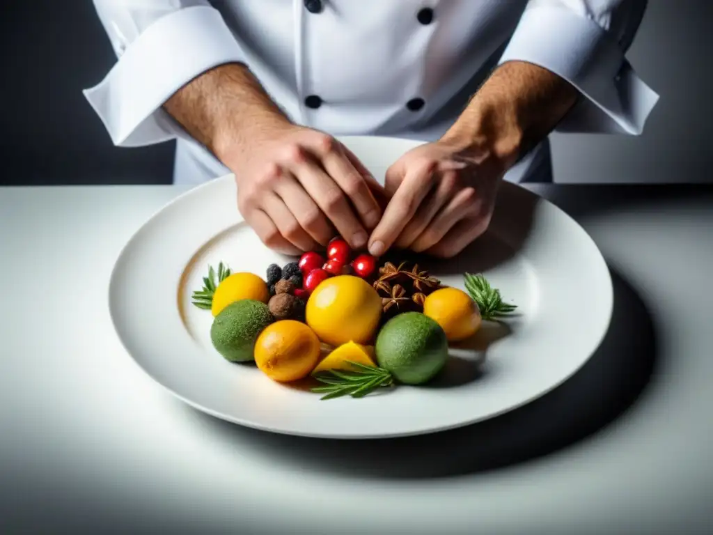 Un chef dispone con delicadeza ingredientes coloridos en un plato blanco, creando un menú de crucero internacionalmente inspirado