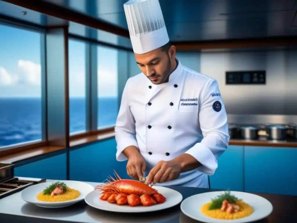 Chef de estrella Michelin preparando exquisito platillo de mar en crucero de lujo