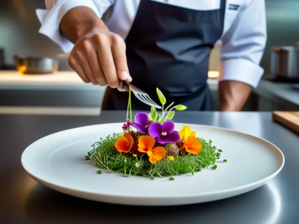 Chef estrella Michelin creando obra culinaria en cocina moderna con vista al mar