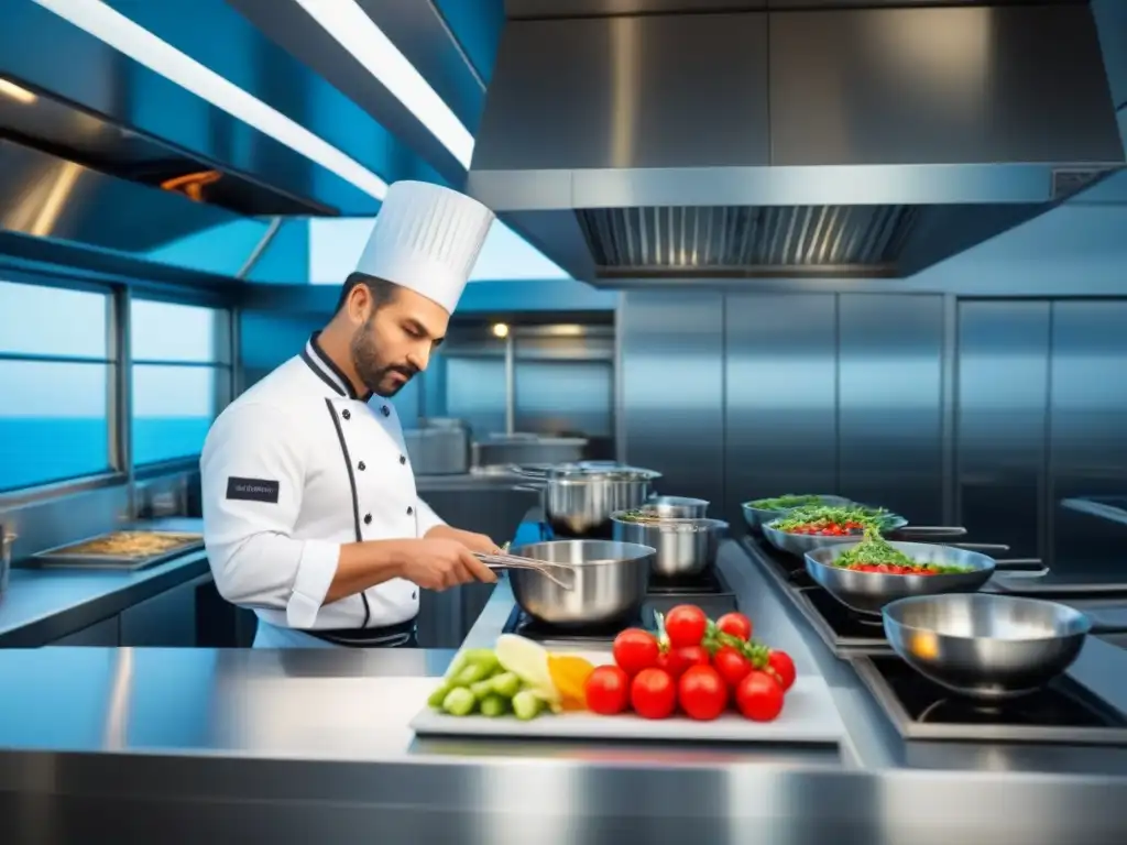 Un chef experto preparando alimentos en una lujosa cocina de crucero, destacando las Clases de cocina en cruceros