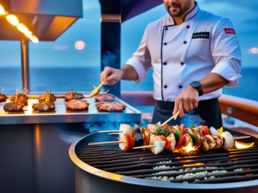 Chef experto cocinando brochetas de mariscos en una parrilla al aire libre, bajo el cielo estrellado en la cubierta de un crucero