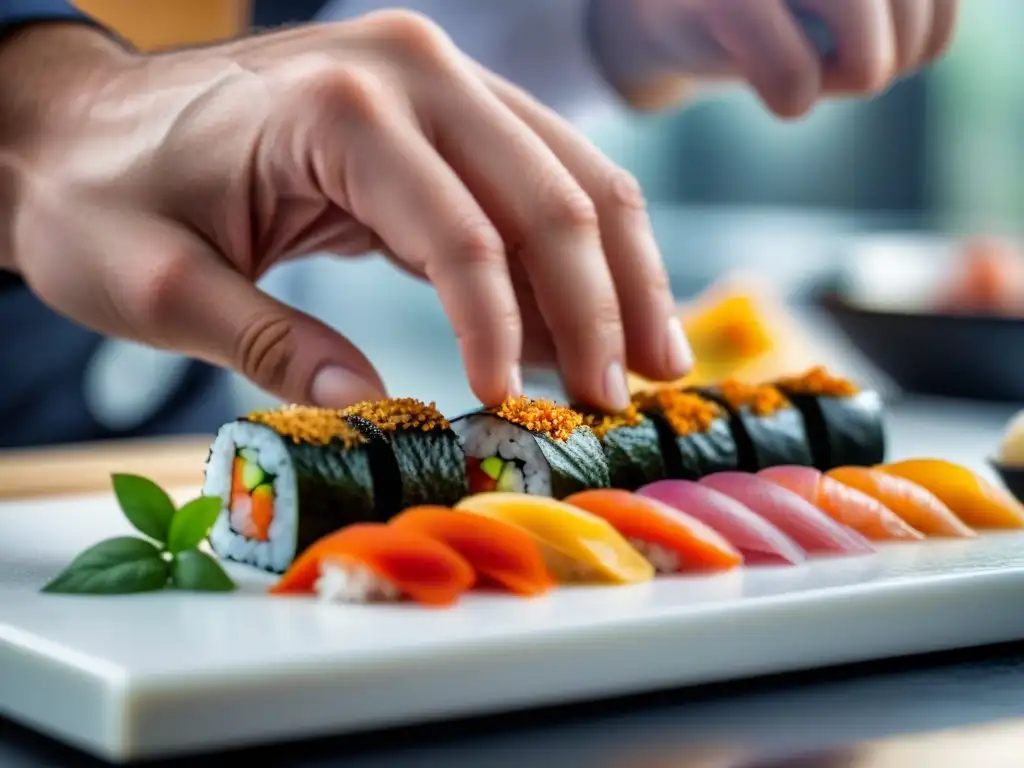 Un chef experto corta sushi fresco en tabla blanca, ingredientes coloridos a su alrededor