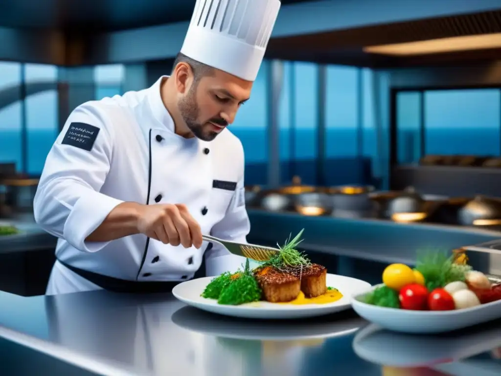 Un chef experto en un crucero marítimo preparando cocina fusión con ingredientes de diversas culturas, creando una escena visualmente apetitosa