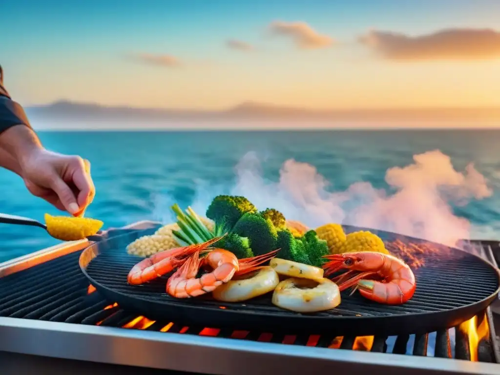 Chef experto en crucero turístico realizando show cooking con mariscos y vegetales, al atardecer en alta mar