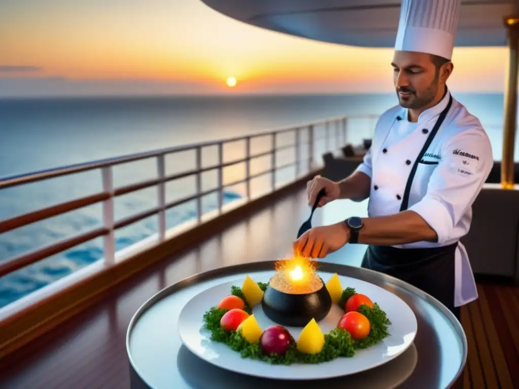 Un chef experto prepara una delicia local en un lujoso crucero marítimo al atardecer, mostrando la gastronomía local en cruceros marítimos