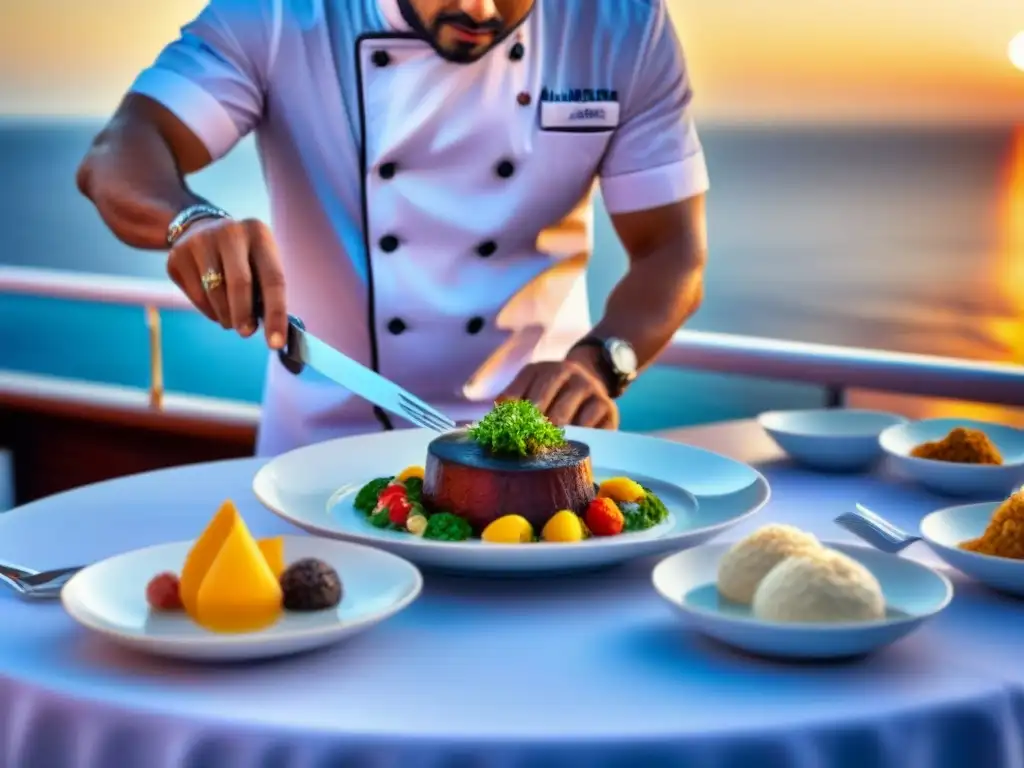 Un chef experto preparando exquisita gastronomía en cruceros marítimos con elegancia y pasión