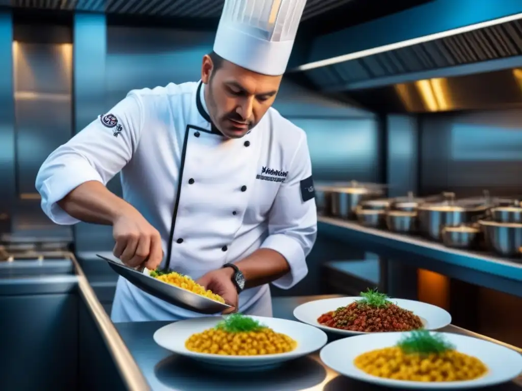 Un chef experto en un lujoso crucero, creando recetas exclusivas chefs cruceros con precisión y arte culinario