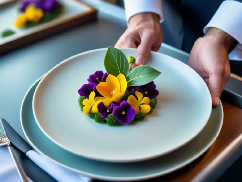 Un chef experto crea una obra de arte culinaria con flores comestibles a bordo de un crucero de lujo, mostrando Experiencias gastronómicas en cruceros