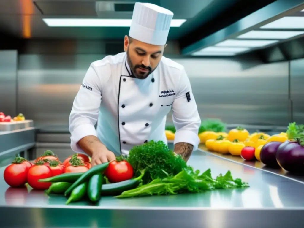 Un chef experto preparando opciones saludables en cruceros con vegetales frescos y coloridos en una cocina moderna a bordo