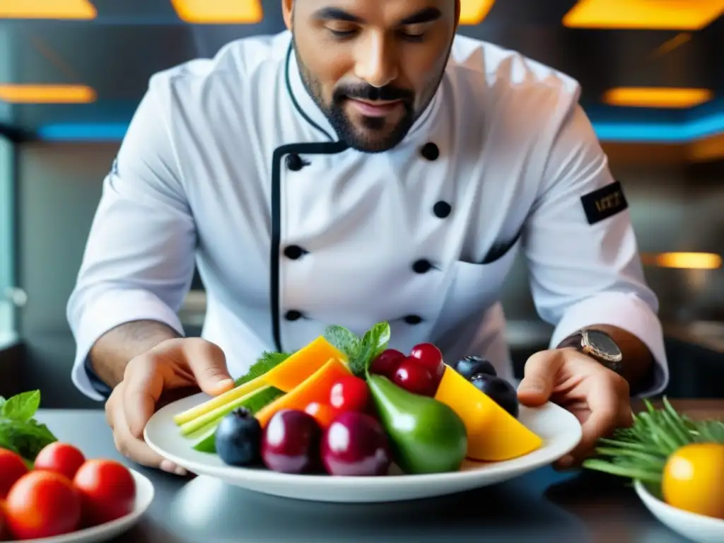 Un chef experto en opciones saludables en cruceros arregla ingredientes frescos en un plato moderno y elegante