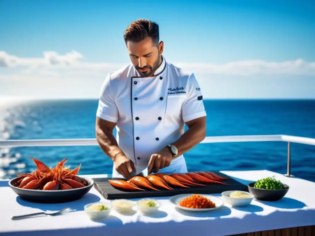 Un chef experto fileteando pescado en un lujoso yate, con el mar de fondo, mostrando la elegancia de los showcookings marítimos exclusivos