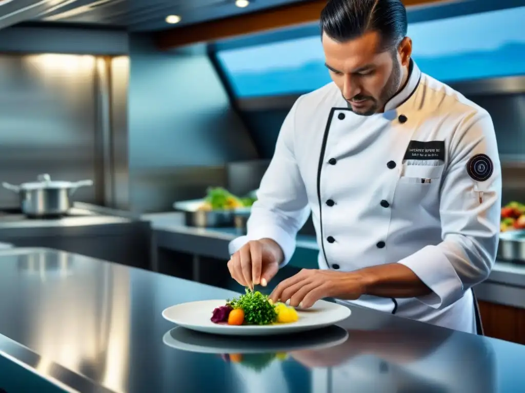 Un chef experto arma un platillo en un elegante crucero, mostrando la magia culinaria en vivo en alta mar