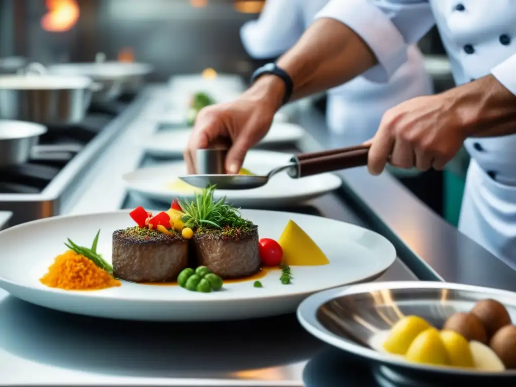 Chef experto preparando plato colorido en crucero