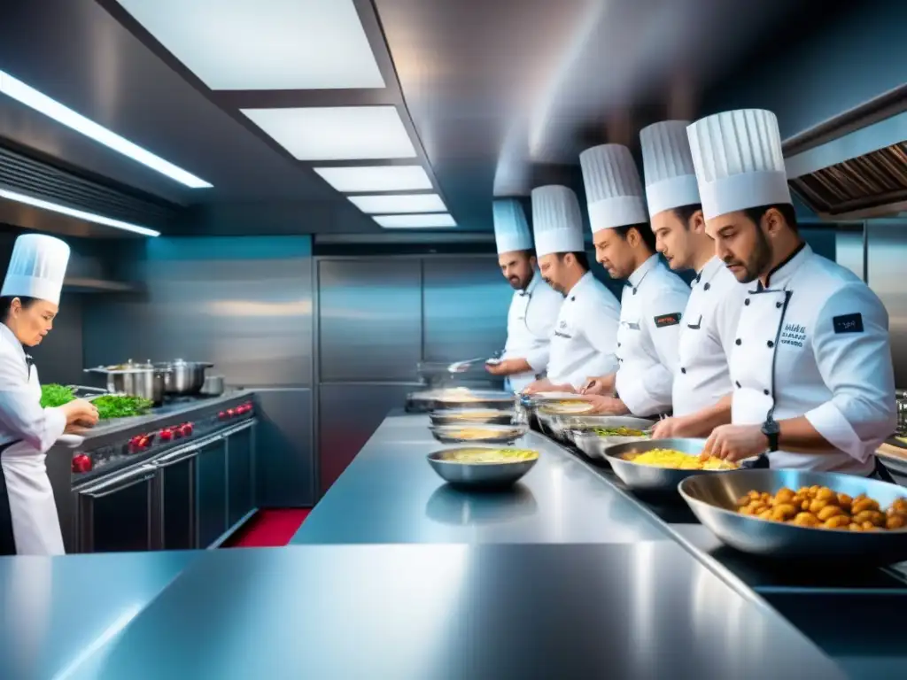 Un chef experto prepara un plato en un elegante escenario de cocina de crucero durante un show en vivo