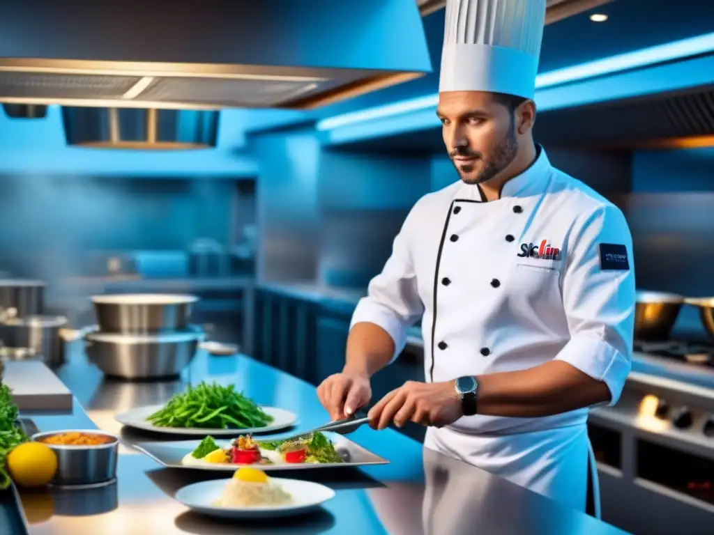 Un chef experto prepara un plato gourmet en una elegante cocina de crucero