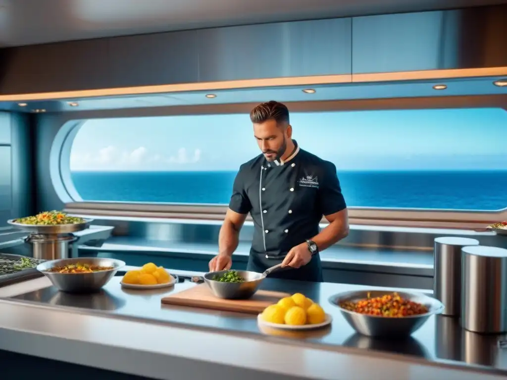 Un chef experto preparando plato gourmet en vivo en cocina de crucero, con vista al mar