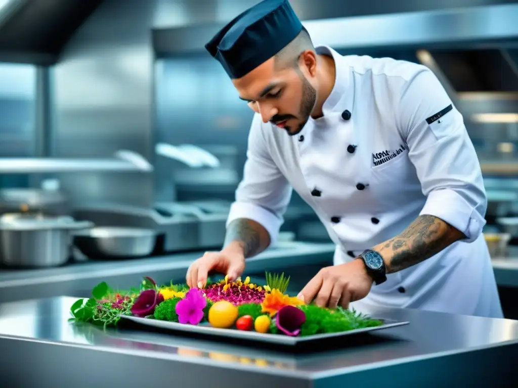 Un chef experto preparando platos exóticos en un elegante crucero