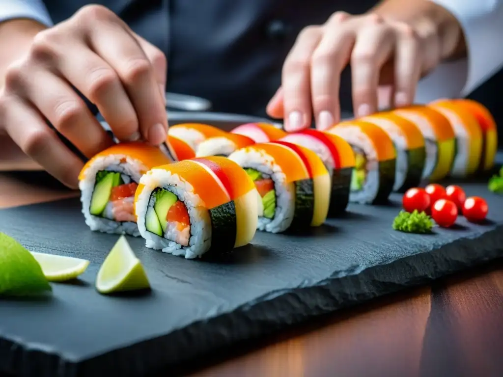 Un chef experto preparando un sushi artístico en un plato de piedra, reflejando el menú de crucero internacionalmente inspirado