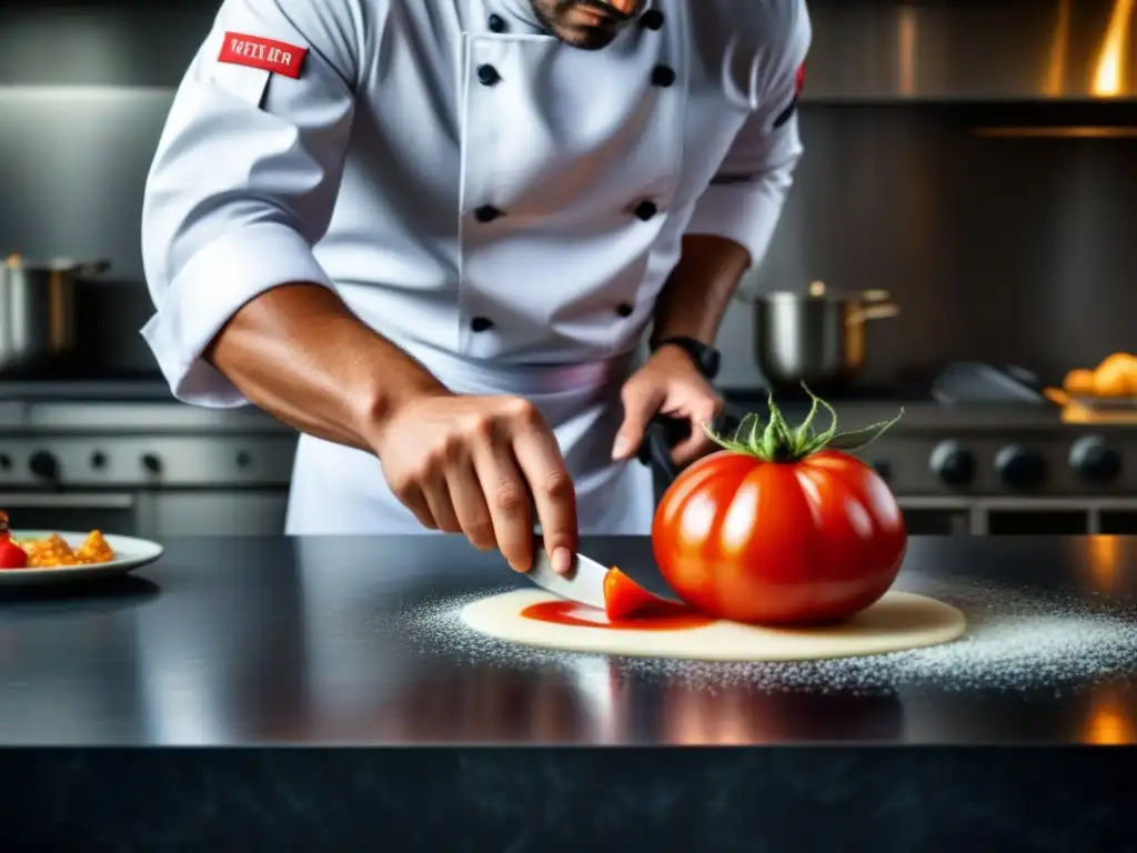 Un chef experto corta un tomate con precisión en una demostración de cocina en vivo