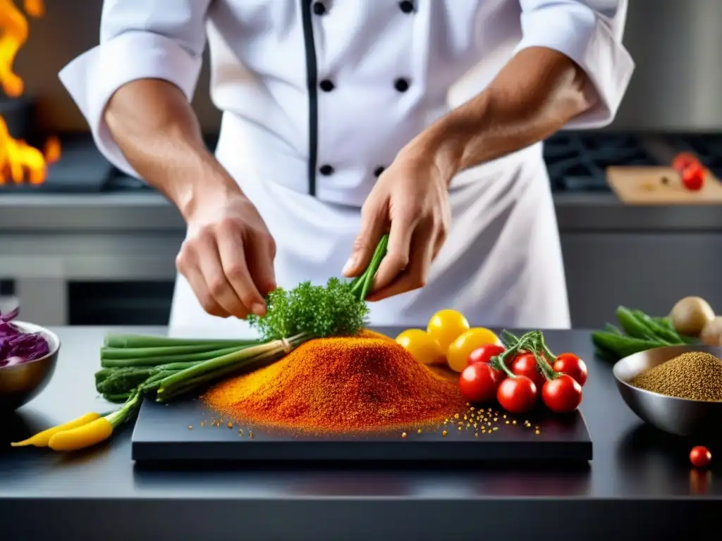 Chef experto en uniforme blanco añade especias a la sartén mientras verduras vibrantes esperan en el fondo