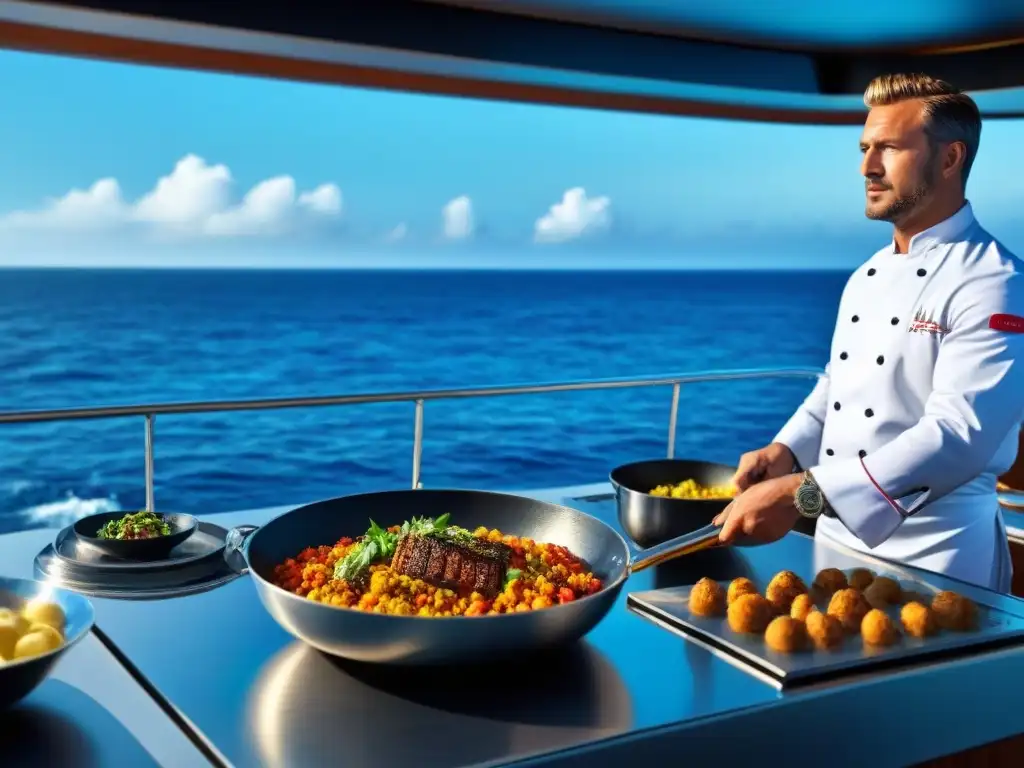 Un chef prepara un exquisito platillo en la lujosa cocina de un yate, con detalles elegantes y el mar de fondo