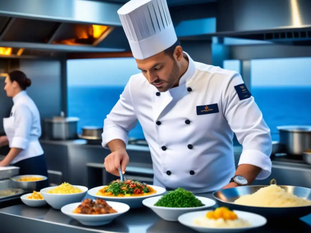 Un chef prepara un exquisito plato en la cocina de un crucero, rodeado de lujo y frescura marina