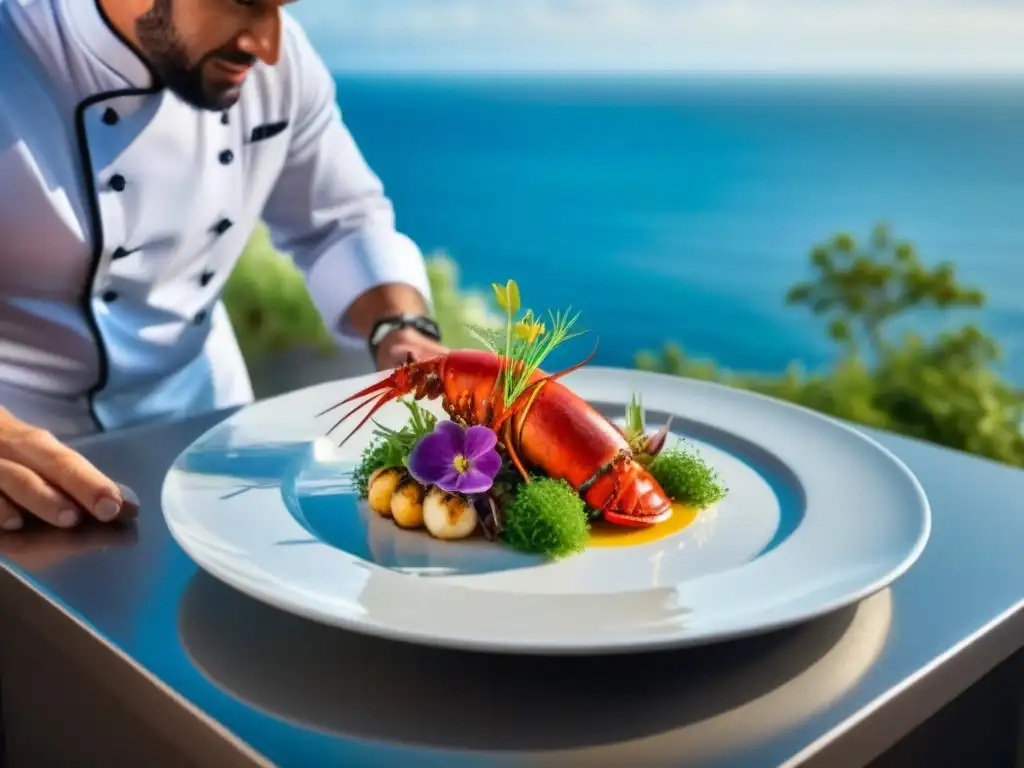 Un chef prepara un exquisito plato de mariscos en un crucero de lujo, con vista al mar