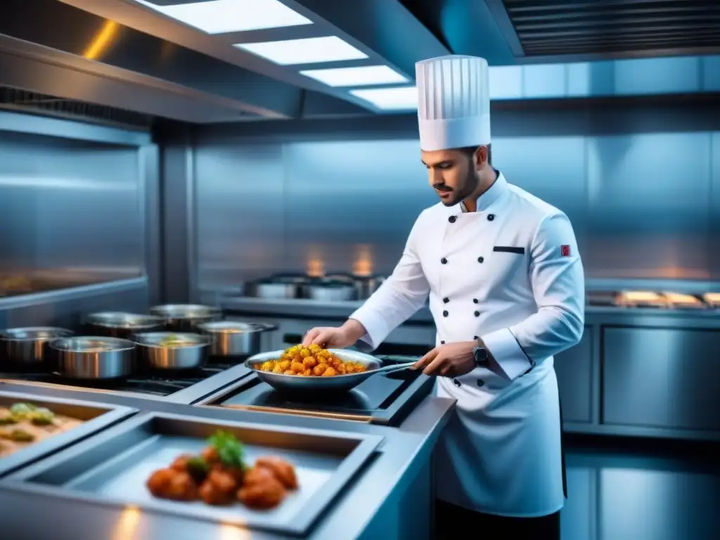 Un chef preparando un exquisito plato de mariscos en una cocina de alta gama en cruceros, con elegancia y precisión