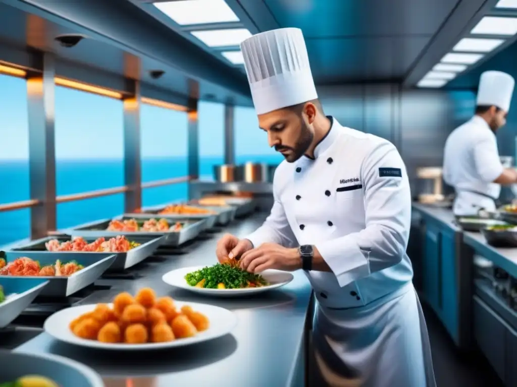 Un chef preparando exquisitos platillos de mar en un lujoso crucero, con enfoque en gastronomía sostenible