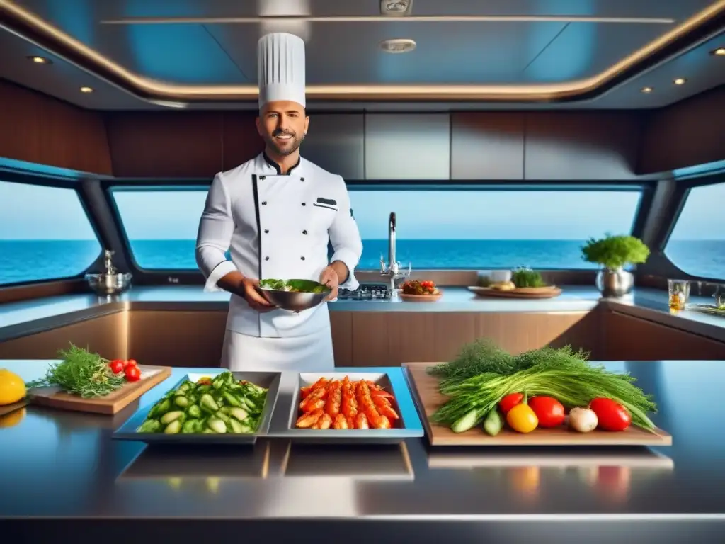 Un chef preparando exquisitos platillos de mar a bordo de un lujoso yate